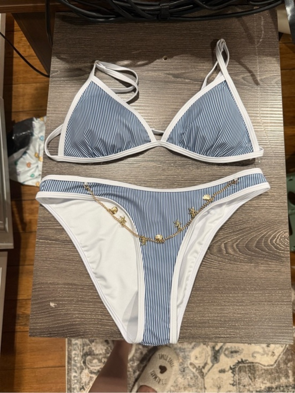 Striped Blue & White Bikini Set with Gold Charm Accent